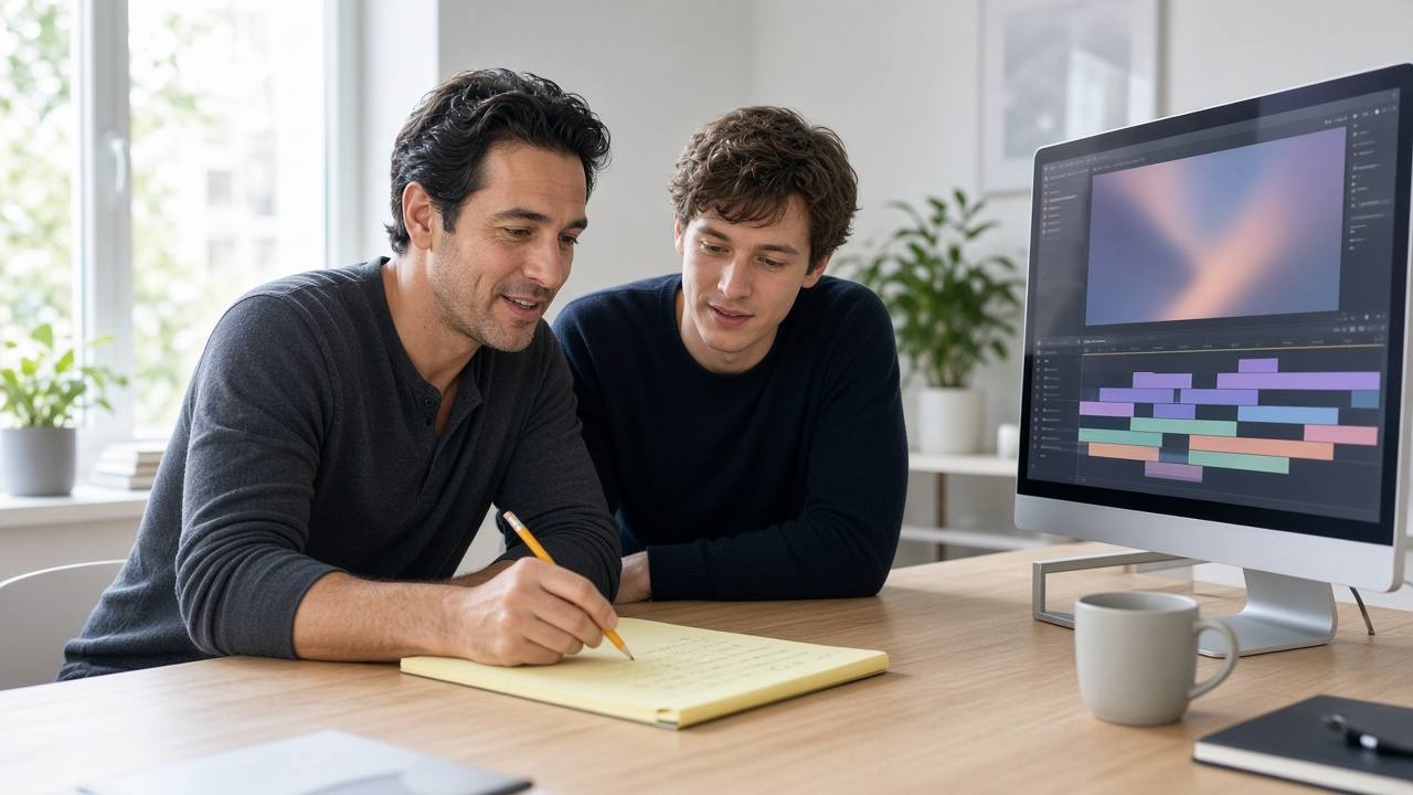 Two editors sharing a legal pad beside a digital timeline in daylight
